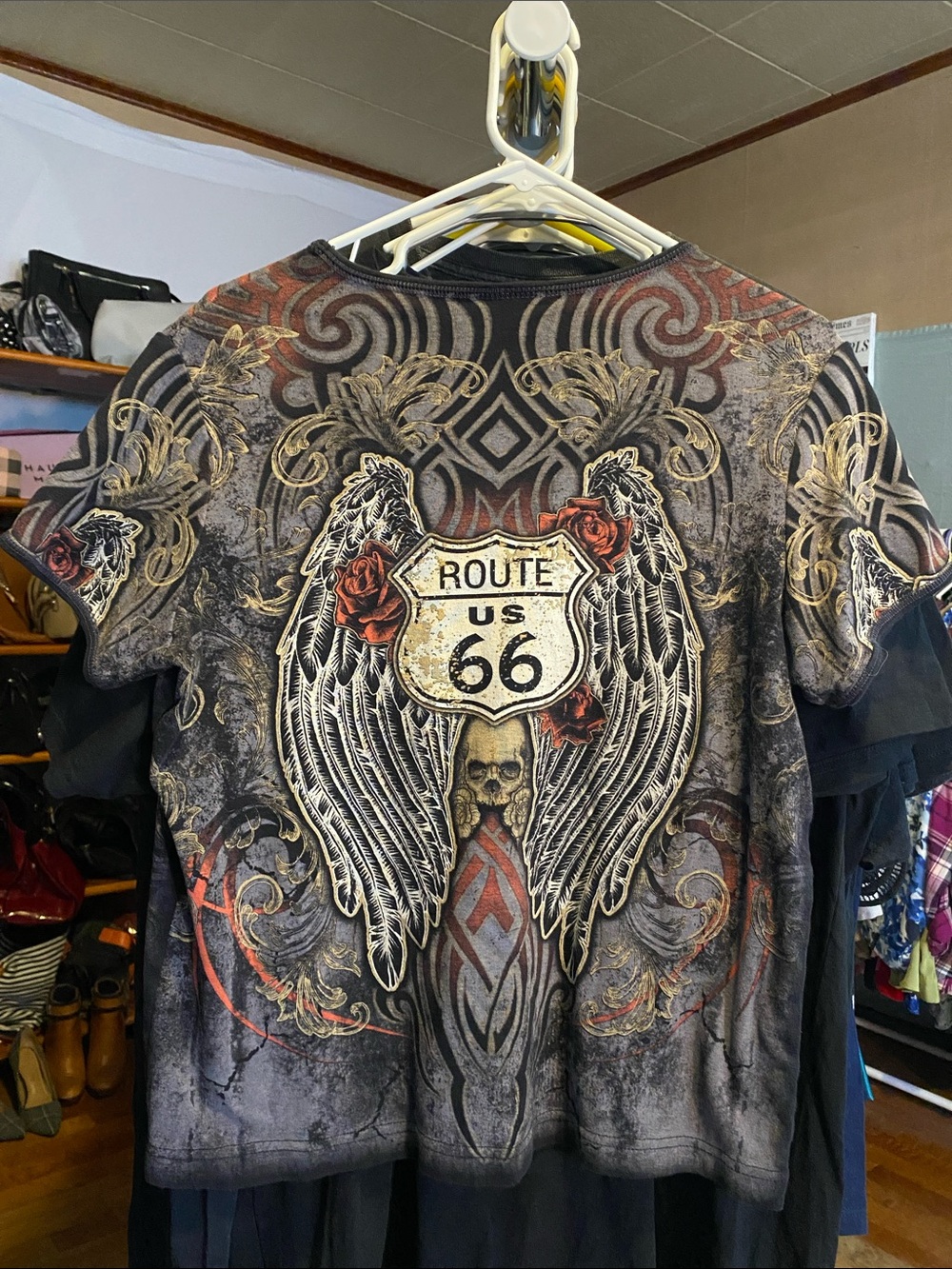 Route 66 Graphic Short Sleeve Tee with Wings and Roses - Picture 4 of 4